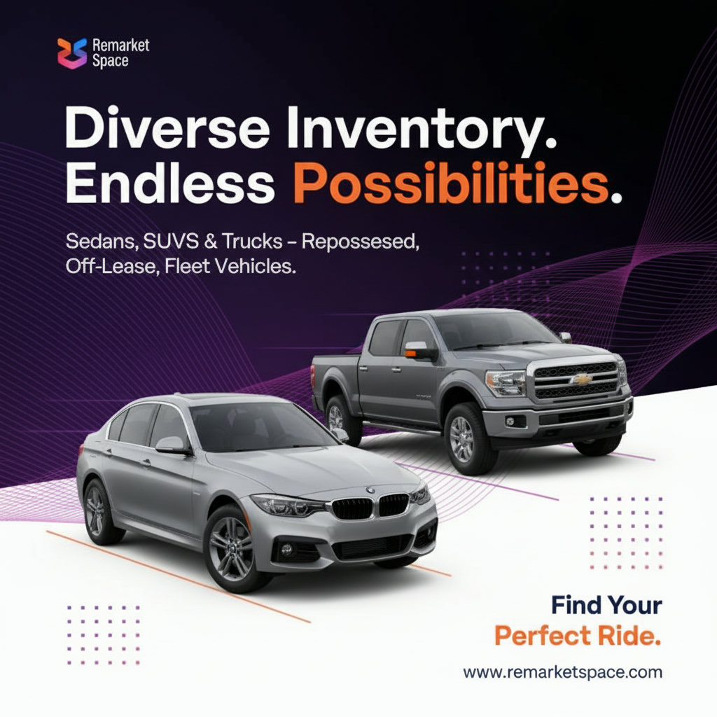 A visual representation of the diverse inventory offered by Remarket Space, showcasing a variety of vehicle types (sedans, SUVs, trucks) and their sources (repossessed, off-lease, fleet vehicles). This could be a collage or a dynamic image emphasizing abundance and quality.