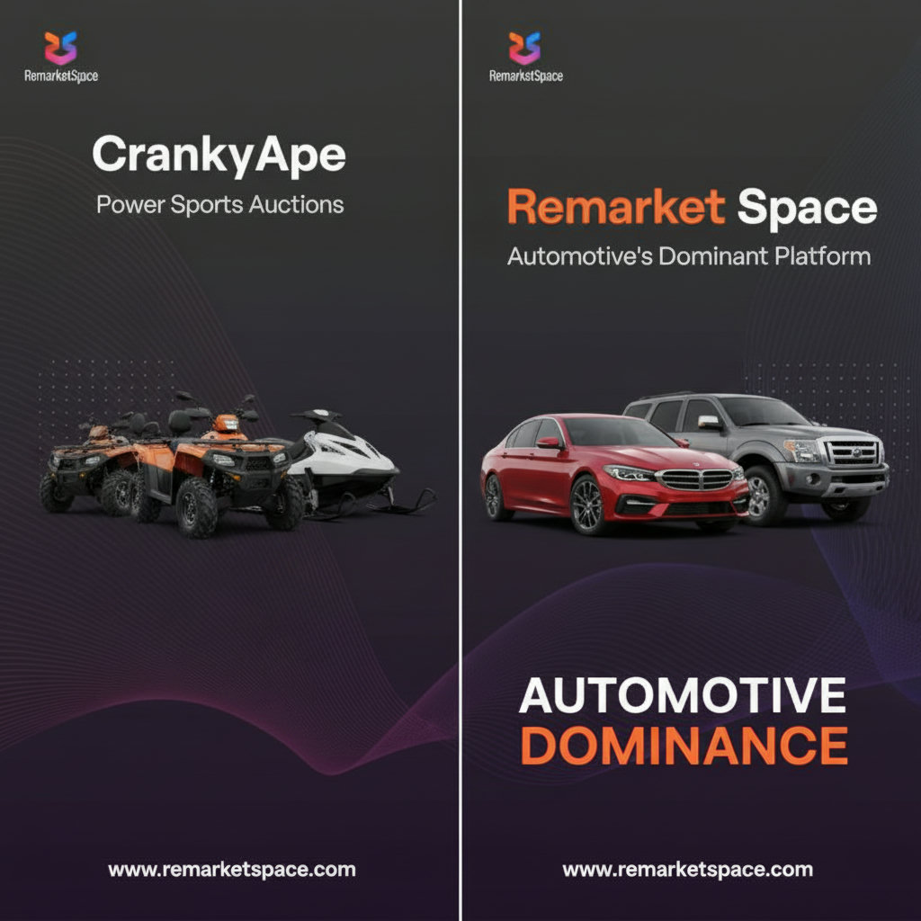 A clear visual comparison between two auction platforms. CrankyApe could be represented by power sports vehicles (ATV, jet ski, snowmobile) and Remarket Space by a diverse range of cars, trucks, and SUVs. The image should visually convey Remarket Space's dominance in the automotive sector.