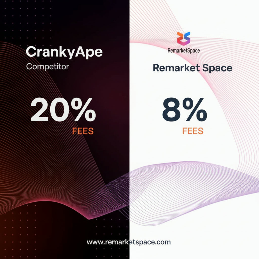 An infographic or a split image showcasing the difference in fees. One side could show a higher percentage/amount for CrankyApe (or a generic competitor) and the other side a lower percentage/amount for Remarket Space, clearly illustrating 