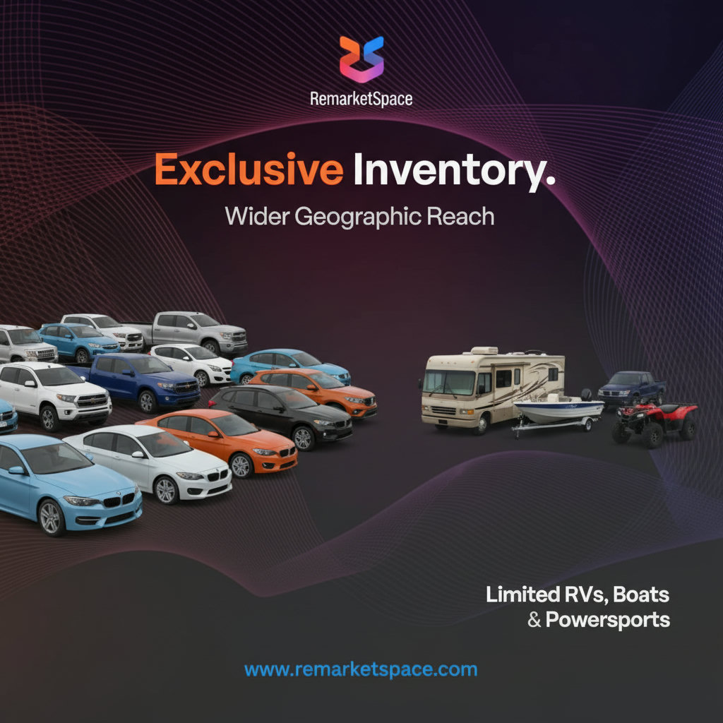 An image depicting a diverse range of vehicles (cars, trucks, SUVs) readily available, symbolizing 'Exclusive Inventory' and 'Wider Geographic Reach' from a specialized auction platform, contrasting with a limited selection of RVs, boats, and powersports vehicles.