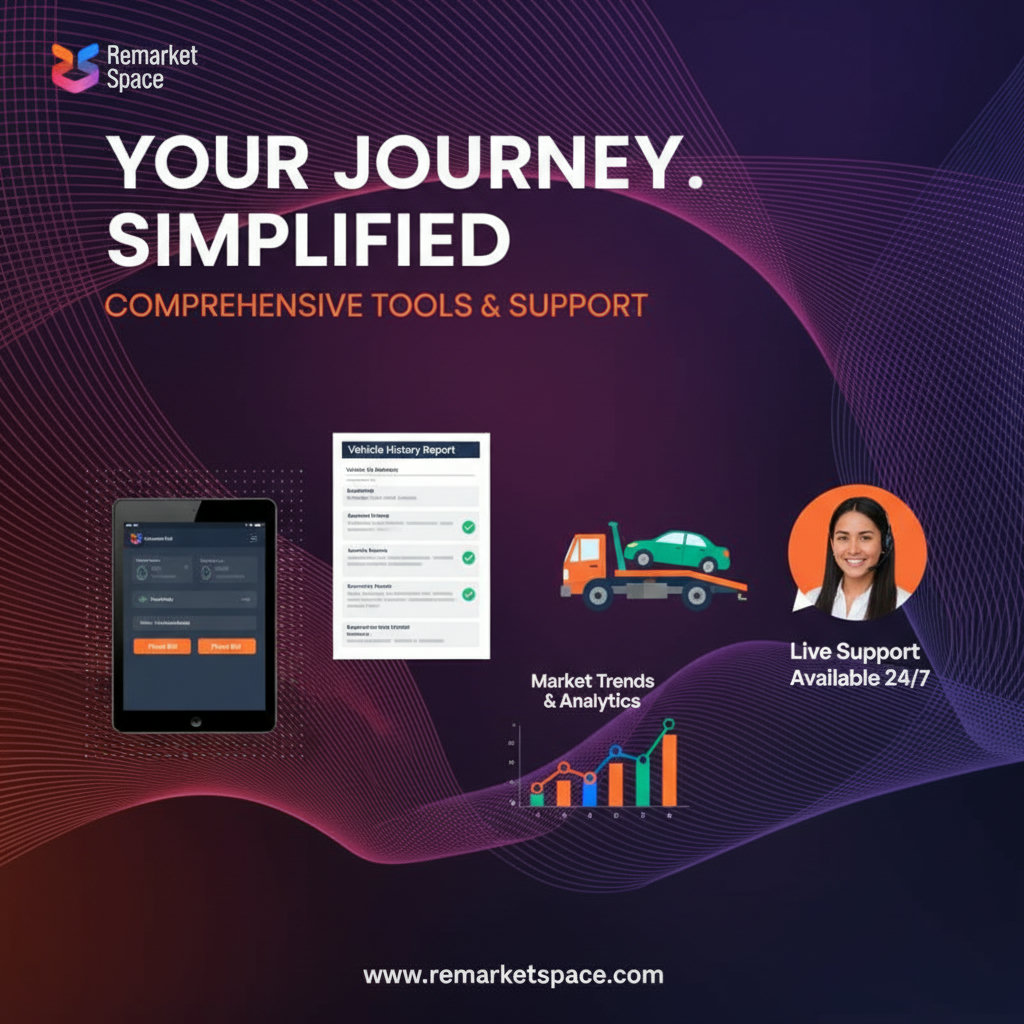 A visual representation of the comprehensive tools and support offered by a specialized platform: a seamless bidding interface on a tablet, a vehicle history report displaying detailed information, a tow truck symbolizing transportation logistics, market trend graphs, and a helpful customer support agent.