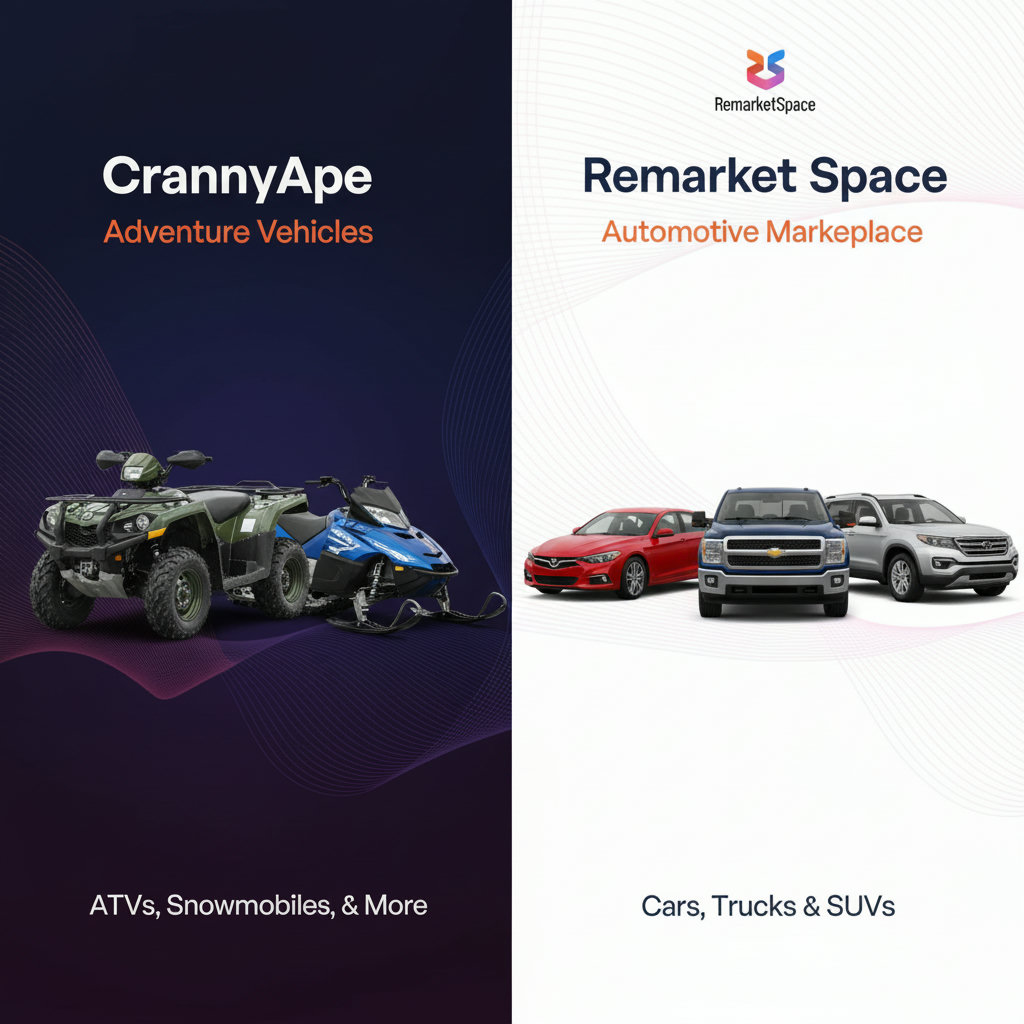A side-by-side comparison of CrankyApe (left) focusing on recreational vehicles like ATVs and snowmobiles, and Remarket Space (right) featuring a diverse range of cars, trucks, and SUVs, highlighting their distinct inventories.