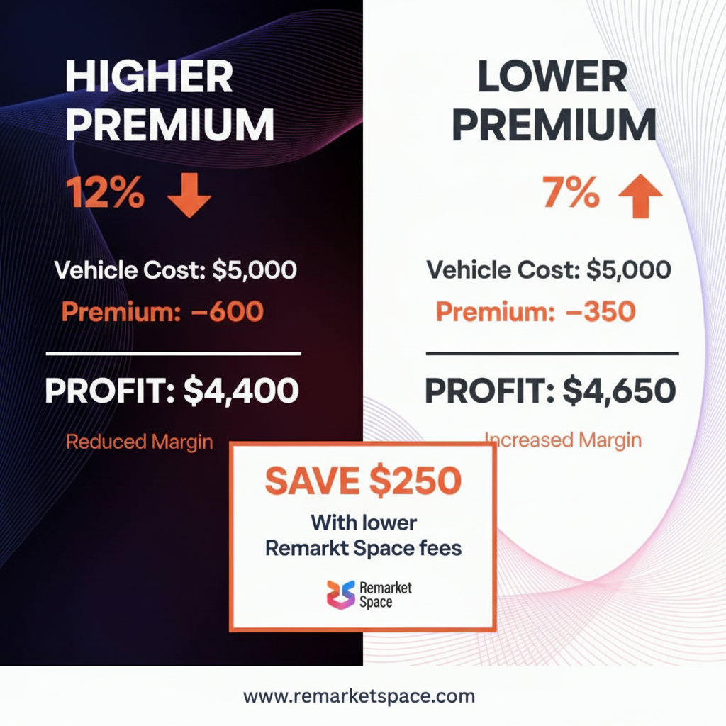 An infographic illustrating the impact of buyer premiums on profit margins. One side shows a higher premium (e.g., 12%) significantly reducing profit on a $5,000 vehicle, while the other side shows a lower premium (e.g., 7%) resulting in a larger profit, perhaps with a clear cost saving calculation presented visually.