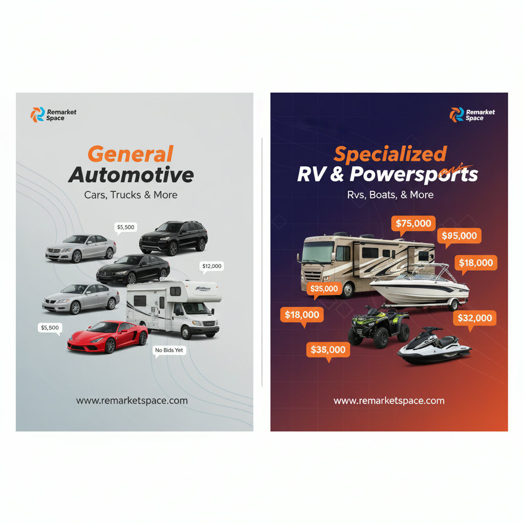 A side-by-side comparison illustrating a general automotive auction platform versus a specialized recreational vehicle and powersports auction platform. The general platform could show a diverse range of vehicles like sedans, SUVs, and a few RVs, with sparse bidding on the specialized items. The specialized platform would focus solely on RVs, powersports vehicles, and boats, showcasing active bidding and higher engagement for these specific categories.