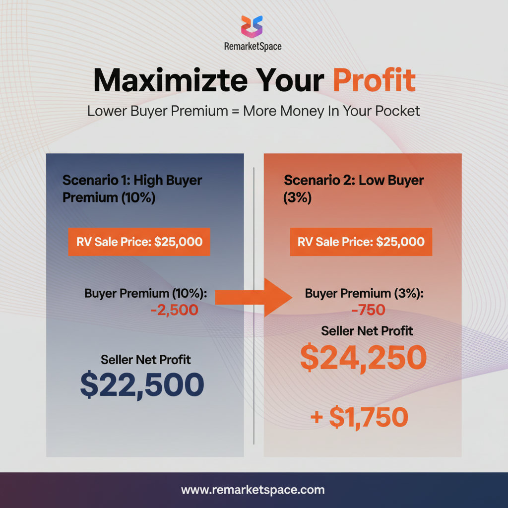 A visual representation of how buyer premiums affect the final profit. This could be an infographic or a chart showing two scenarios: one with a high buyer premium (e.g., 10%) leading to a lower net profit for the seller, and another with a low buyer premium (e.g., 3-5%) resulting in a significantly higher net profit for the seller, using specific dollar amounts from the example scenario (e.g., a $25,000 RV sale).