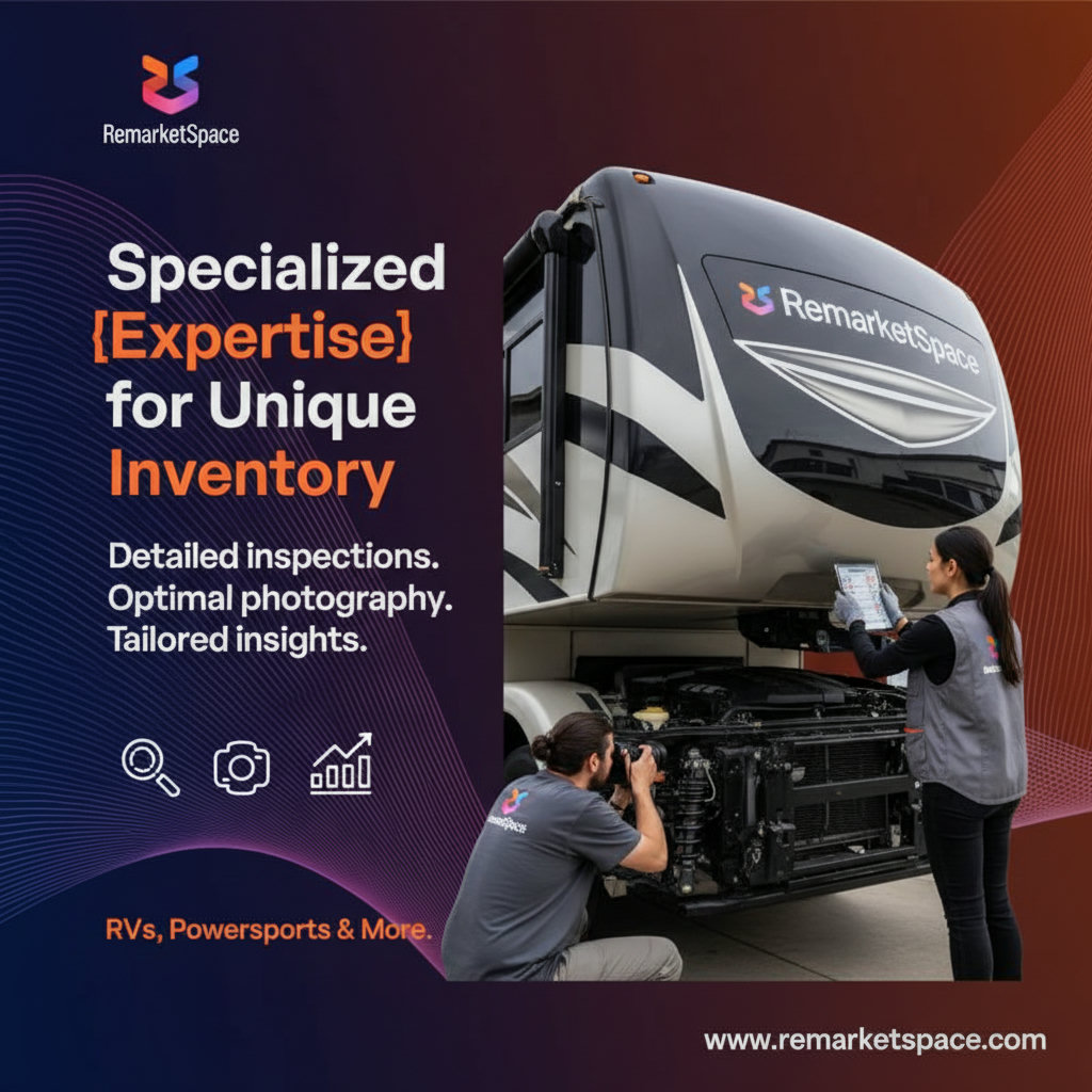 An image illustrating the specialized expertise offered by Remarket Space. This could depict a team member inspecting an RV or a powersports vehicle, highlighting specific features, or a graphic showcasing detailed descriptions and optimal photography examples for specialized inventory. The focus should be on the in-depth knowledge and tailored service provided.