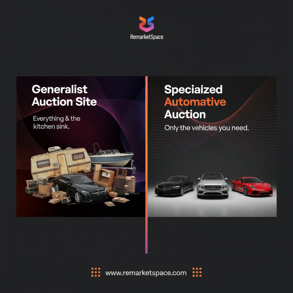 An image emphasizing the difference between specialized automotive auctions and generalist auction sites. This could be a split image: one side showing a diverse array of items (RV, boat, car) in a chaotic, crowded auction setting, and the other side showing only cars neatly arranged in a professional, focused auction environment.