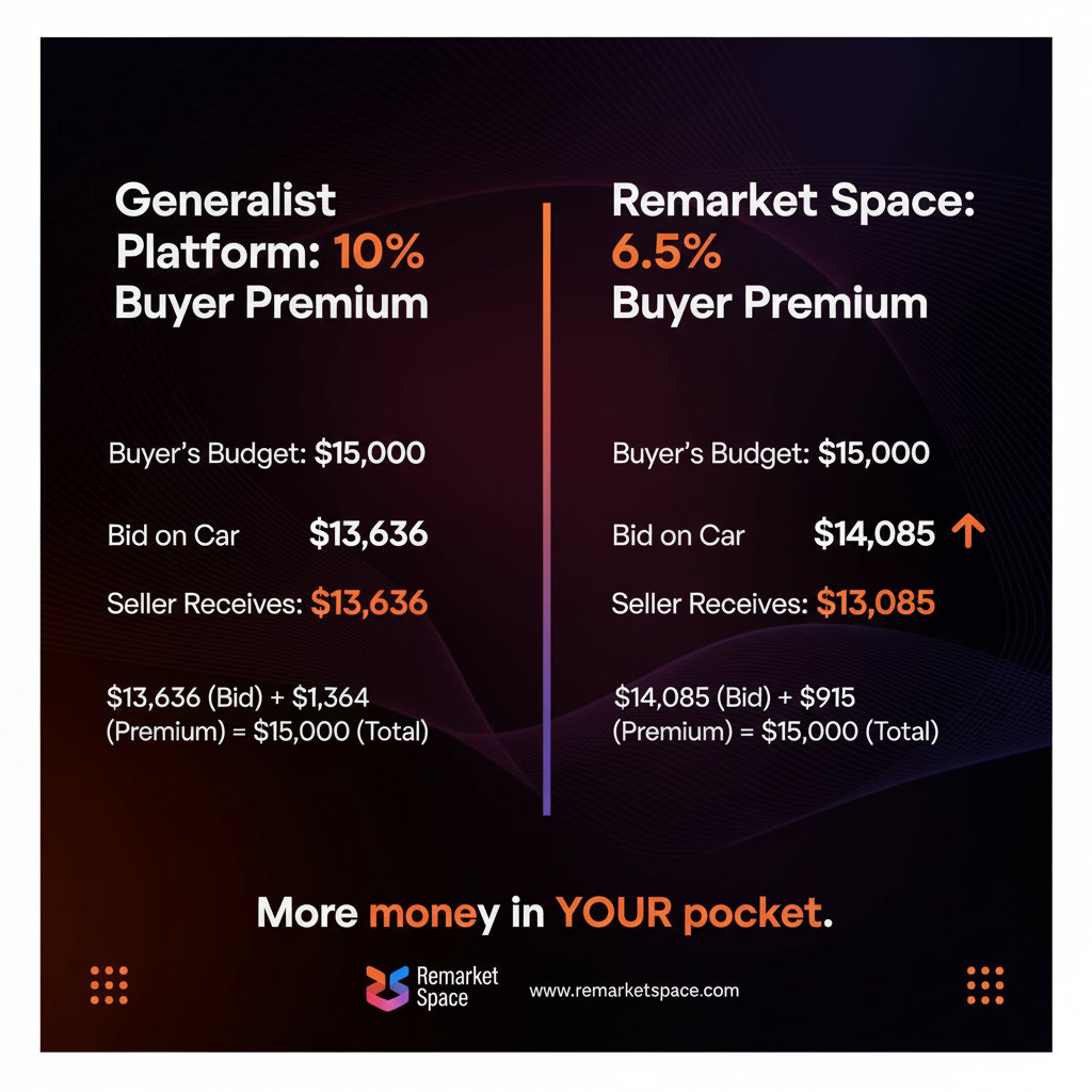 An illustration showing how lower buyer premiums lead to higher net profits for the seller. This could be a scenario where two buyers are bidding on a $15,000 car. One buyer is on a generalist platform with a 10% premium, leading to a lower bid on the car itself to meet a total budget. The other buyer is on Remarket Space with a 6.5% premium, allowing for a higher bid on the car for the same total budget. This would visually demonstrate 'more money in your pocket'.
