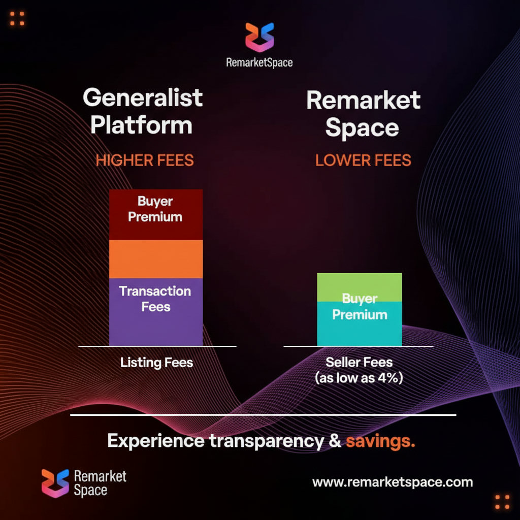 A visual representation of the fee structures, highlighting the transparency and lower costs of Remarket Space compared to a generalist platform. This could be two contrasting bar graphs or pie charts, one for 'Generalist Platform' with larger sections for 'Listing Fees', 'Transaction Fees', and 'Buyer Premium', and another for 'Remarket Space' with significantly smaller sections for 'Seller Fees' (showing 'as low as 4%') and 'Buyer Premium' (showing 'as low as 6.5%').