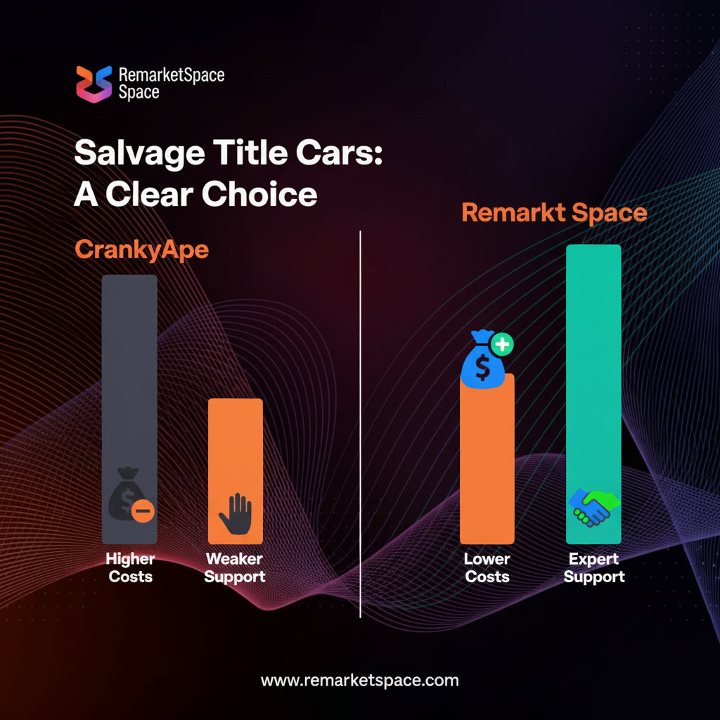 A clear visual comparison using a bar chart or two opposing scales showing the 'higher costs and weaker support' of CrankyApe versus the 'lower costs and expert support' of Remarket Space when dealing with salvage title cars. Colors could differentiate the platforms, and icons could represent costs (money bag with a minus sign) and support (helping hands or a customer service icon).