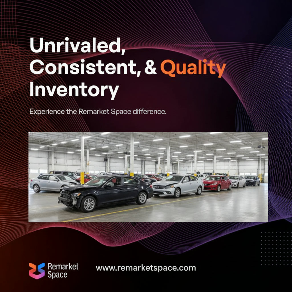 An image depicting a flow of various damaged/salvage cars (cars with some visible damage, e.g., crumpled fender, missing bumper) continuously moving into a professional-looking, organized auction space, symbolizing the 'unrivaled, consistent, and quality inventory' at Remarket Space.
