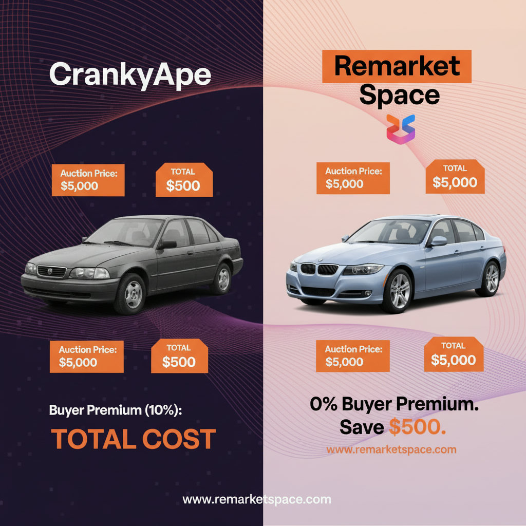 A split image or infographic contrasting the buyer premiums and total acquisition costs of a salvage car from CrankyApe vs. Remarket Space, as detailed in the 'Case Study' section. This could feature two cars with price tags showing the breakdown of costs for each platform, clearly highlighting the savings with Remarket Space.