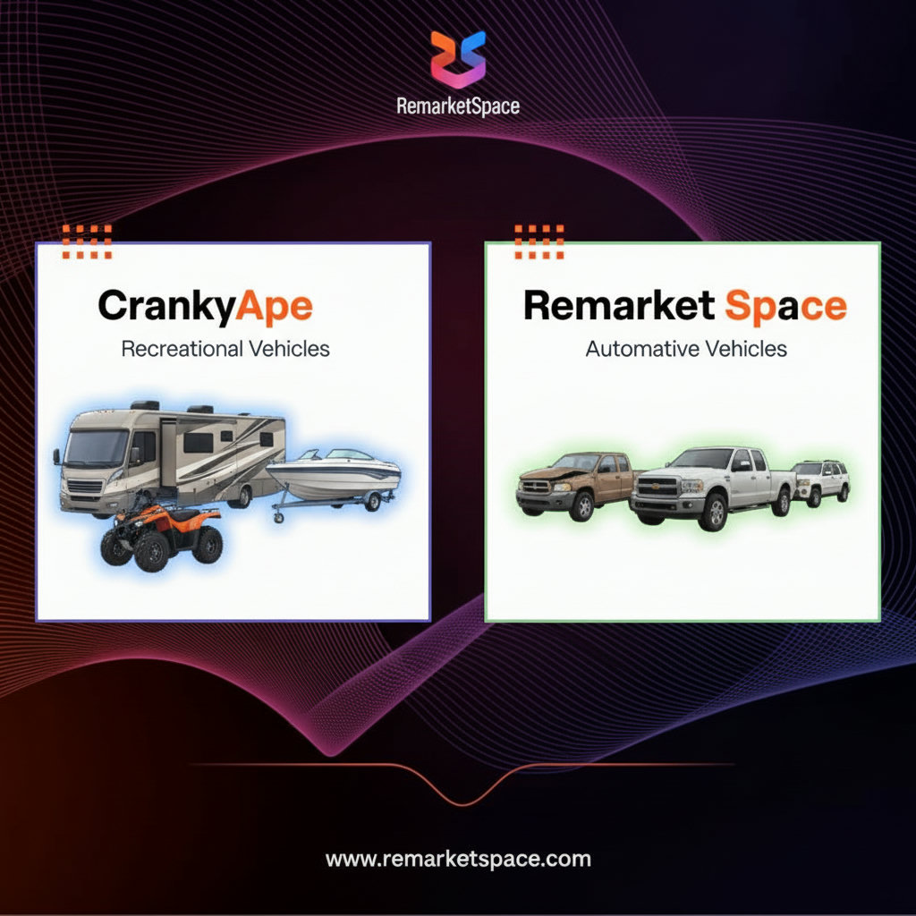 A side-by-side comparison illustrating the difference in inventory focus between CrankyApe (recreational vehicles like RVs, boats, ATVs) and Remarket Space (automotive vehicles, including damaged cars, trucks, and SUVs).