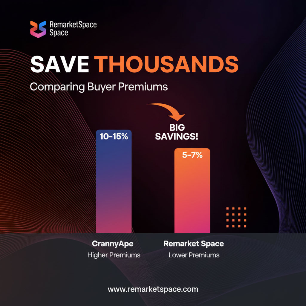 A visual representation of the fee structure comparison, showing a bar chart or similar graphic highlighting CrankyApe's higher buyer premiums (10-15%) versus Remarket Space's lower premiums (5-7%) and the significant cost savings for buyers.