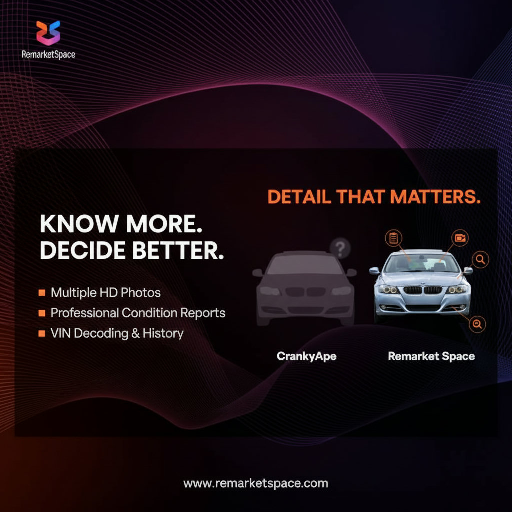 An image emphasizing the detailed information provided by Remarket Space, such as multiple high-resolution photos, professional condition reports, and VIN decoding for vehicle history, contrasting it with CrankyApe's more general information.