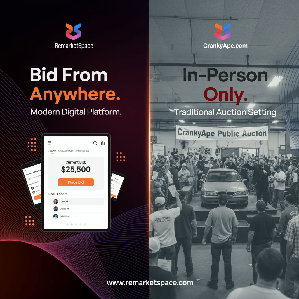 A split image or infographic showing the modern, user-friendly online platform of Remarket Space allowing bidding from anywhere, compared to a more traditional, perhaps in-person, auction setting implied for CrankyApe.