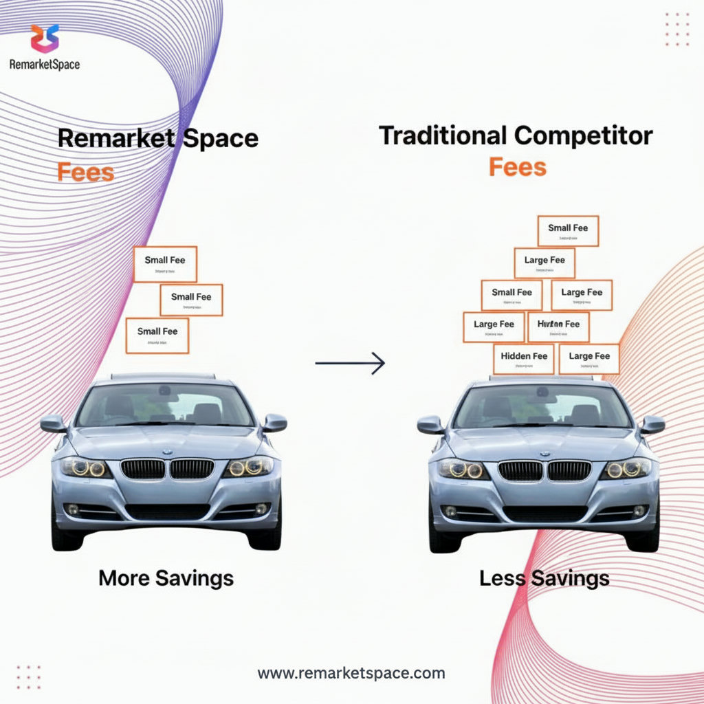 An image illustrating the cost savings of Remarket Space compared to competitors, with two cars side-by-side. One car (Remarket Space) has fewer, smaller fees attached, while the other car (Competitor) has a larger stack of fees.