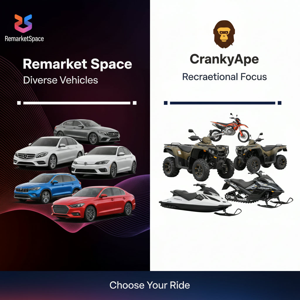 A visual comparison between Remarket Space and a competitor (CrankyApe), showing Remarket Space focusing on a diverse range of sedans and other automotive vehicles, while the competitor focuses on ATVs, motorcycles, and other recreational vehicles.