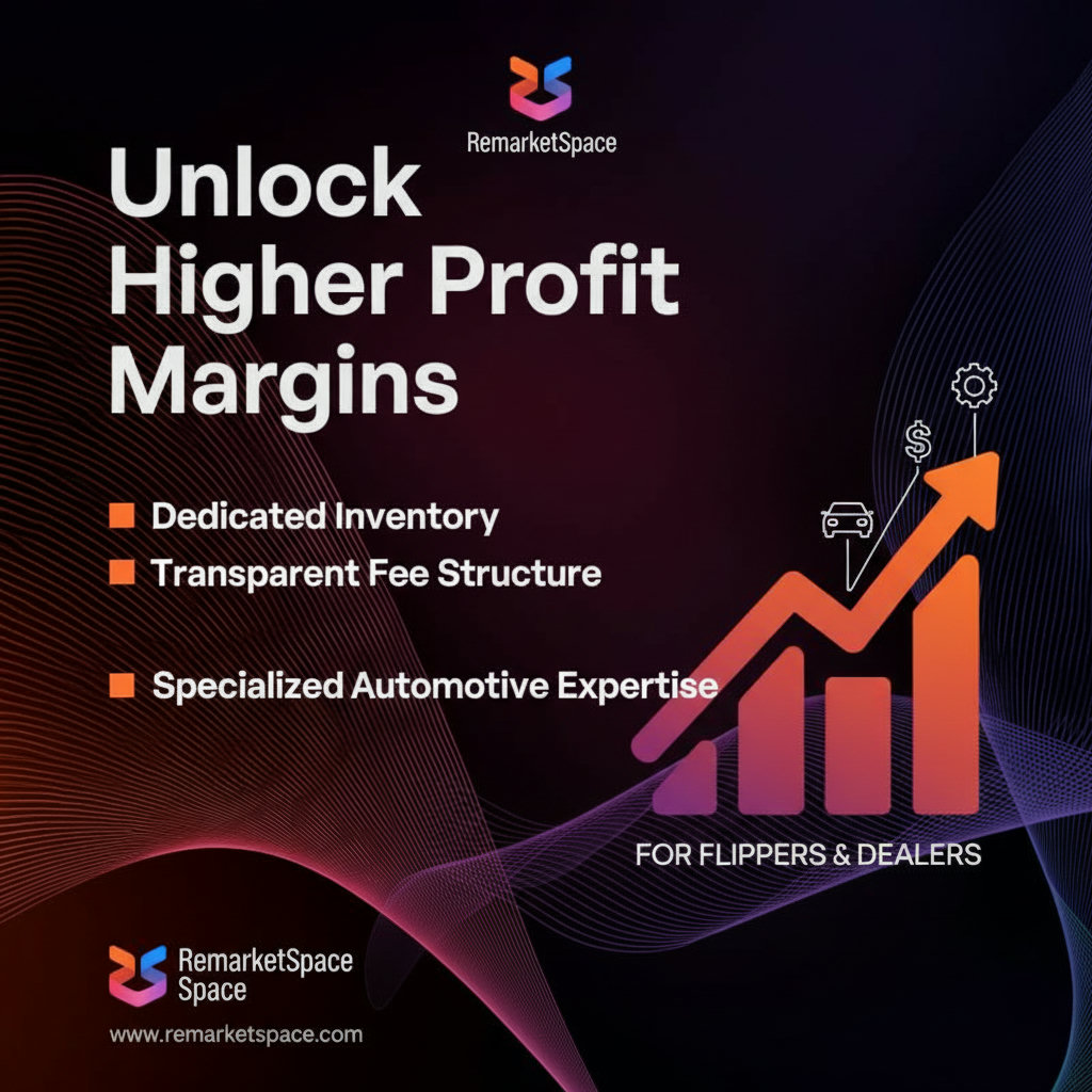 A graphic depicting the benefits of Remarket Space, such as 'Dedicated Inventory', 'Transparent Fee Structure', and 'Specialized Automotive Expertise', leading to increased profit margins for car flippers and dealers.