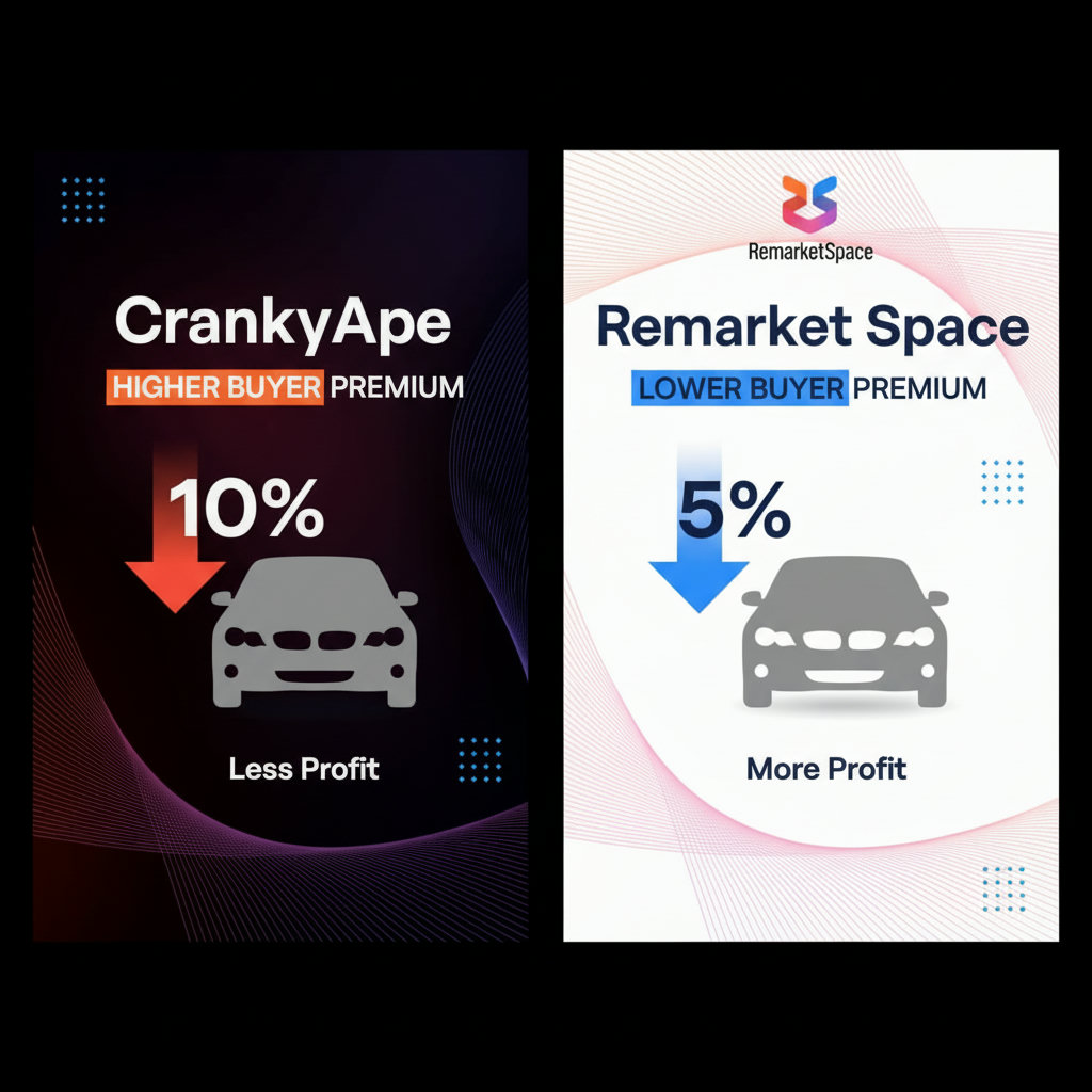 A side-by-side comparison illustrating a clear profit difference due to varying buyer premiums. One side shows 'CrankyApe' with a higher percentage taken from a car's sale price, and the other side shows 'Remarket Space' with a lower percentage, visually emphasizing the savings.