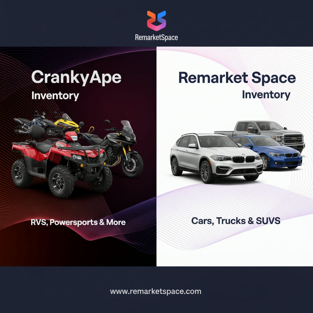 A visual representation of the distinct inventory: one side showing a variety of recreational vehicles like ATVs, motorcycles, and snowmobiles (representing CrankyApe), and the other side displaying a diverse range of cars, trucks, and SUVs (representing Remarket Space).