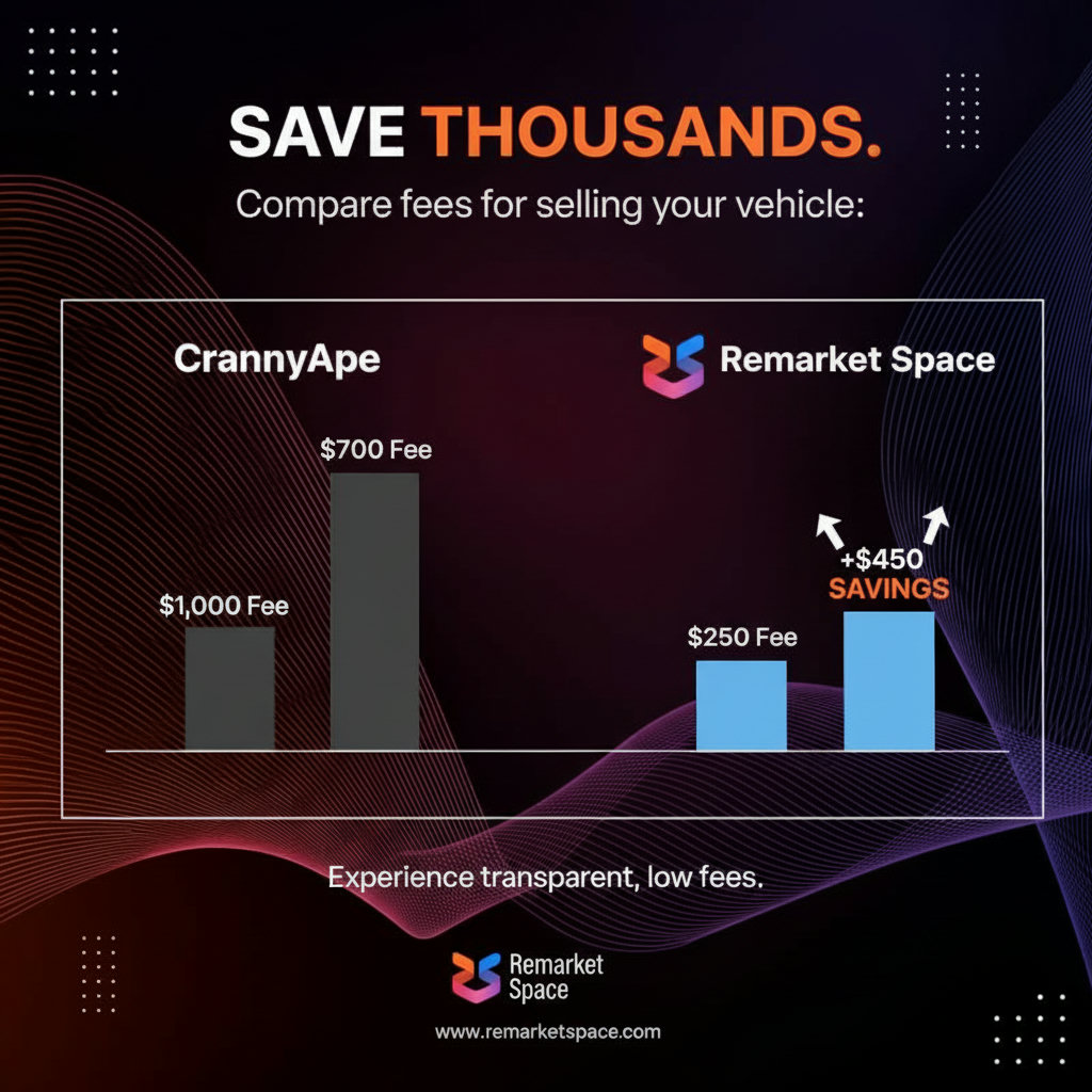An infographic or chart that visually compares the fee structures of CrankyApe and Remarket Space using specific examples (e.g., $5,000 and $10,000 vehicles), clearly highlighting the monetary savings achieved with Remarket Space.