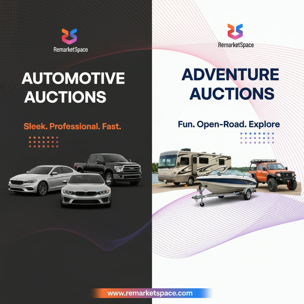 An image contrasting a specialized automotive auction platform with a recreational vehicle-focused platform. The automotive platform could be represented by sleek cars, trucks, and SUVs in a professional setting, while the recreational platform shows RVs, boats, and powersports vehicles in a more leisure-oriented environment.