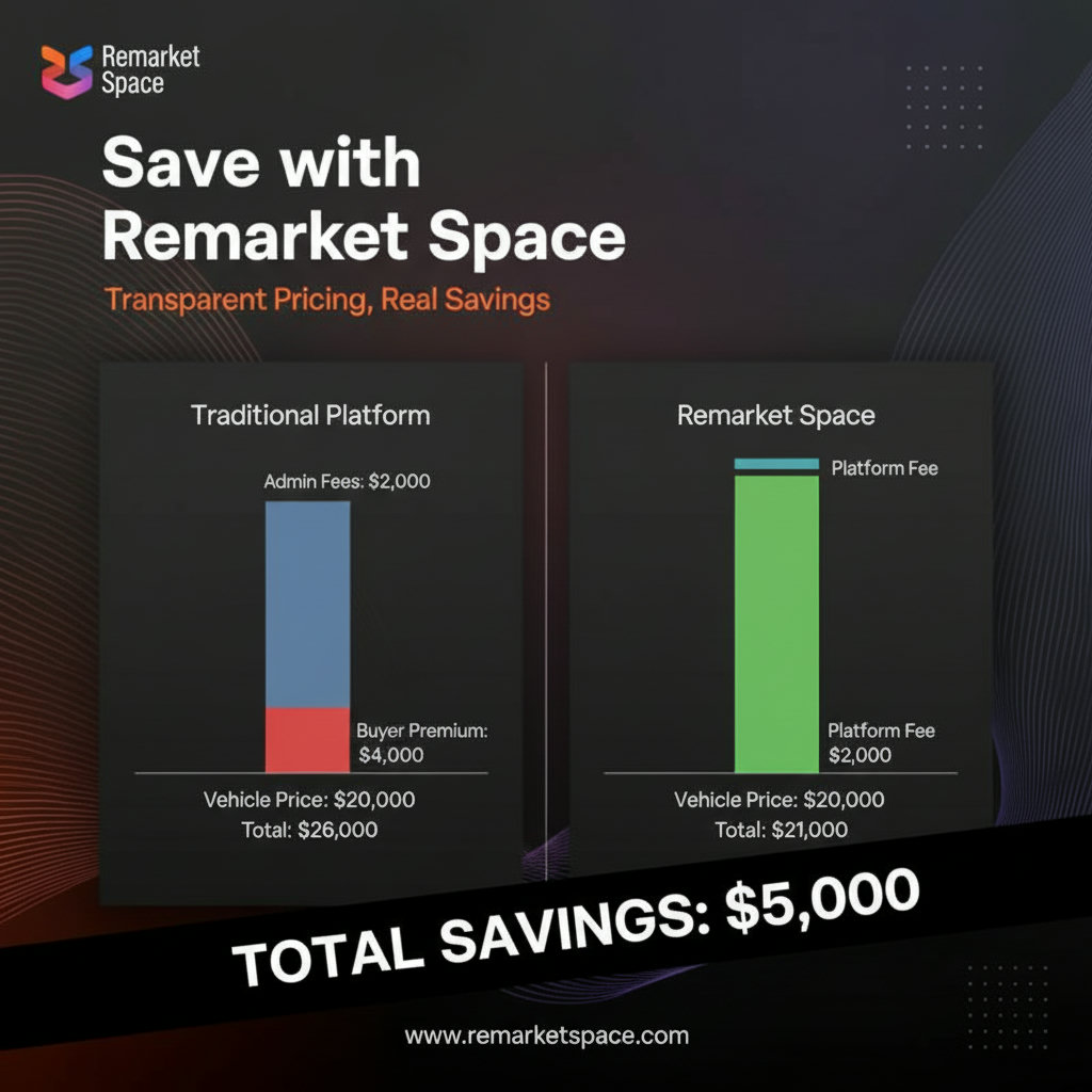 A visual representation of buyer premiums and fee structures, possibly using a graphic that compares the cost breakdown of a hypothetical vehicle purchase on Remarket Space versus another platform. This could involve two bar graphs or pie charts showing the total cost including buyer premiums and administrative fees, clearly highlighting the savings on Remarket Space.