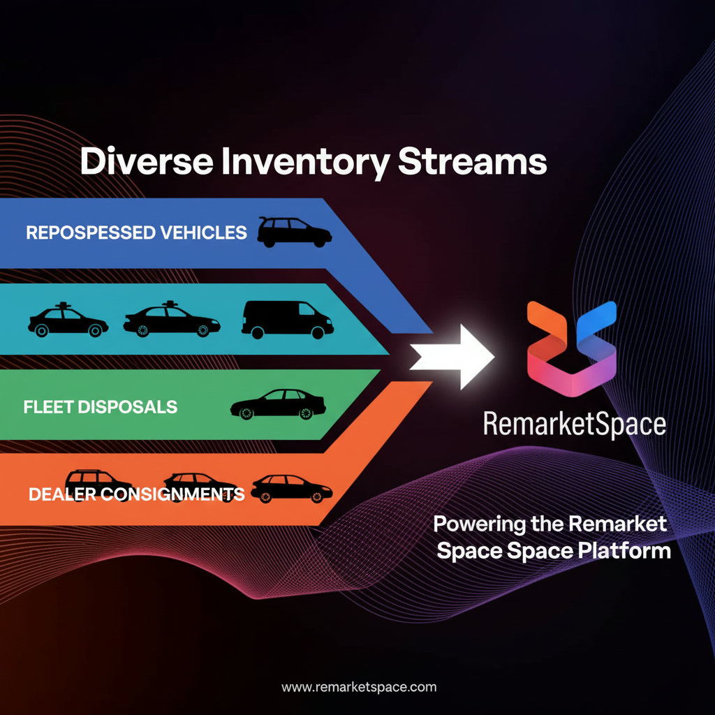 An infographic or illustration depicting the sources of inventory for Remarket Space, such as repossessed vehicles, fleet disposals, and dealer consignments, clearly showing diverse streams of vehicles flowing into the platform.