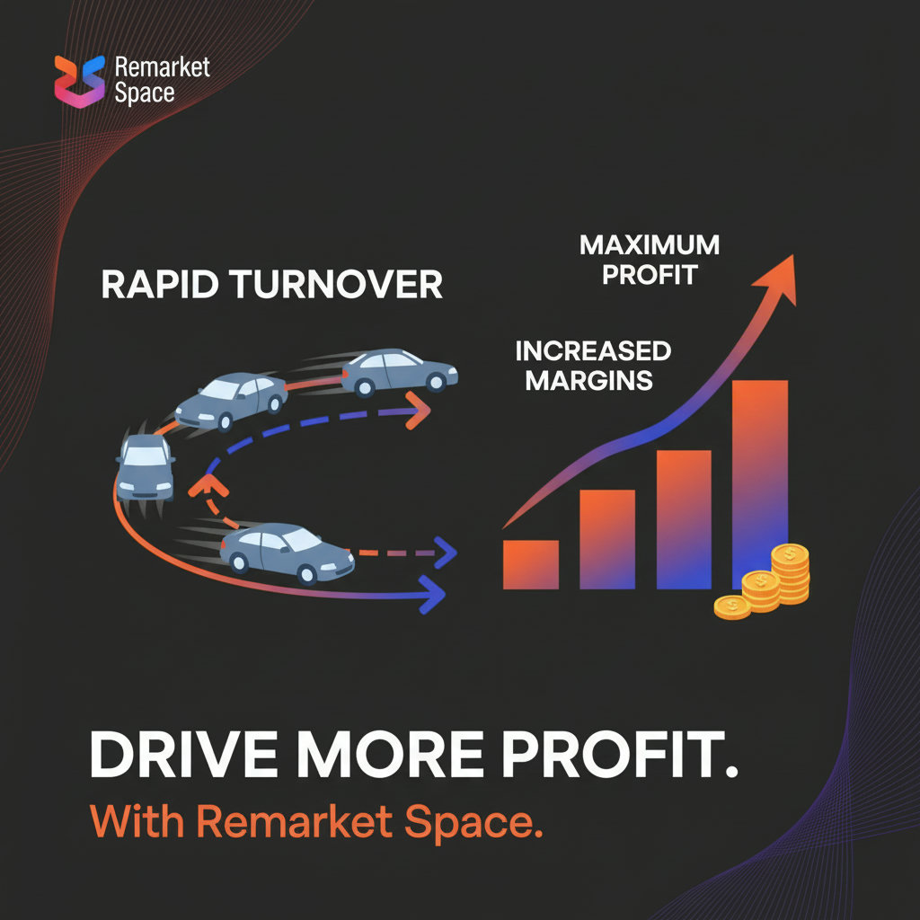 A visual illustrating the concept of maximizing profit margins and high inventory turnover. This could be a flowing diagram showing vehicles quickly moving through the auction process and generating higher profits, perhaps with upward-trending graphs.