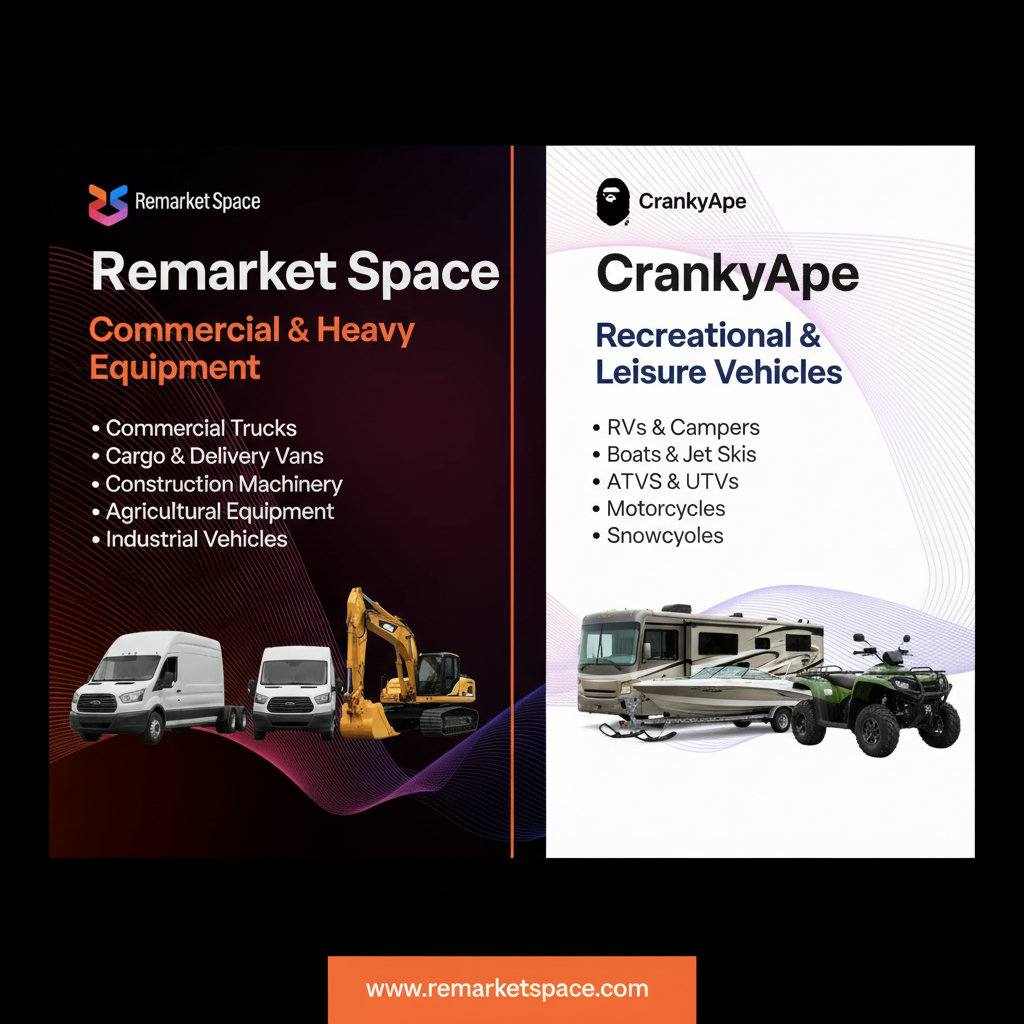 An infographic or side-by-side comparison illustrating the typical inventory of Remarket Space (various commercial trucks, vans, and heavy equipment) versus CrankyApe (RVs, boats, recreational vehicles).