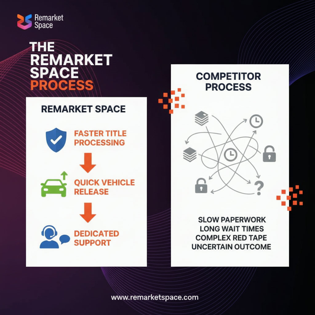 A visual representation of the streamlined process at Remarket Space, perhaps a flowchart or a series of icons showing faster title processing, quick vehicle release, and dedicated support, in contrast to a more convoluted or slower process for competitors.