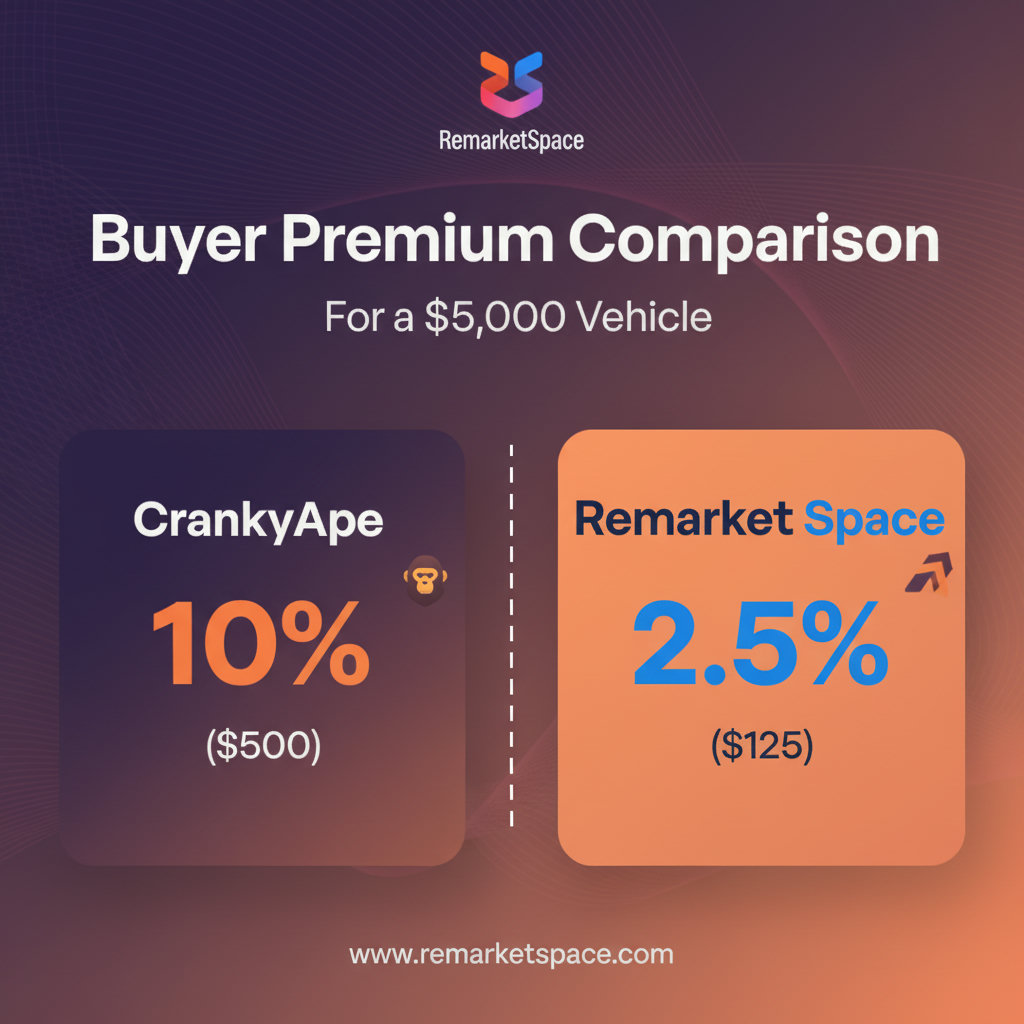 An infographic comparing buyer premiums between CrankyApe and Remarket Space for a $5,000 vehicle. CrankyApe's premium is 10% ($500), while Remarket Space's is 2.5% ($125).