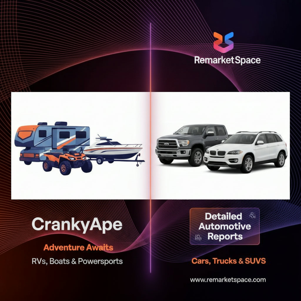 A split image or infographic showing the different specializations. One side depicts CrankyApe with recreational vehicles like RVs, boats, and ATVs. The other side shows Remarket Space with various cars, trucks, and SUVs, emphasizing detailed automotive reports.