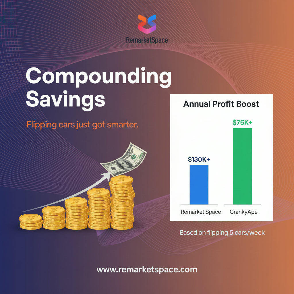 An image illustrating the compounding savings. Perhaps a stack of money growing over time, or a bar graph showing weekly/annual savings for a business flipping five cars a week using Remarket Space compared to CrankyApe.