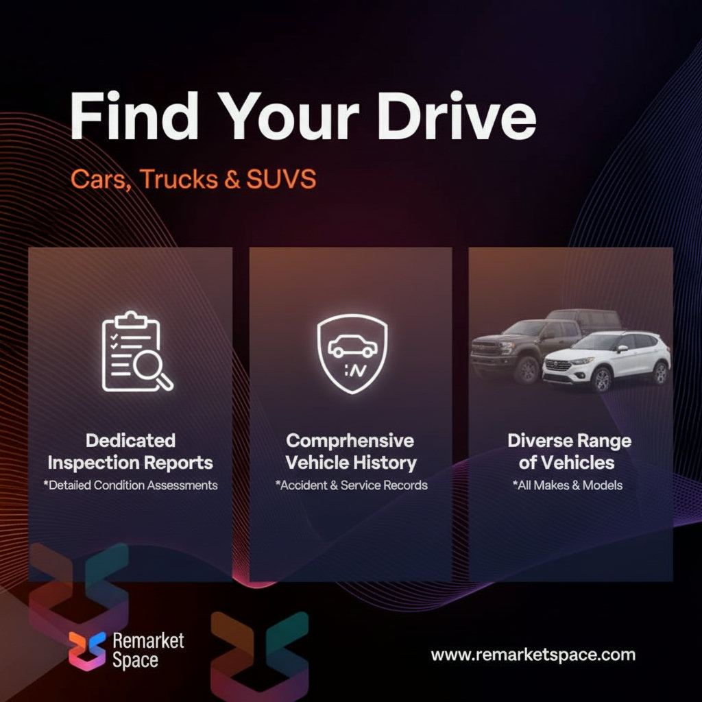 A visual representation of Remarket Space's automotive focus, showing dedicated inspection reports, vehicle history data, and a diverse range of cars, trucks, and SUVs available on a digital platform.