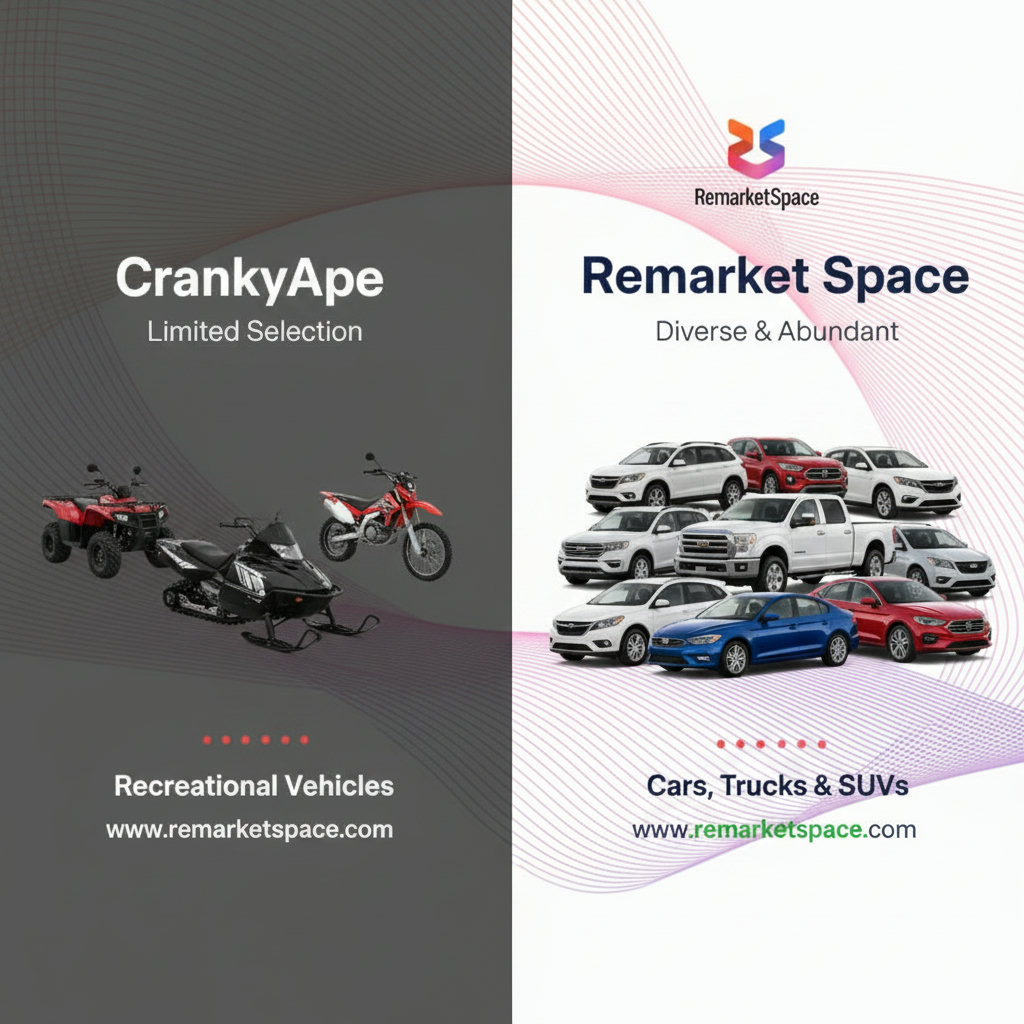 A side-by-side comparison of a limited selection of recreational vehicles (like ATVs and snowmobiles) representing CrankyApe vs. a diverse and abundant selection of cars, trucks, and SUVs representing Remarket Space.