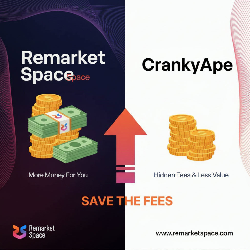 A visual representation of money being 'saved' or 'lost' due to different fee structures. Maybe a stack of coins/bills with a larger stack for Remarket Space and a smaller stack for CrankyApe.