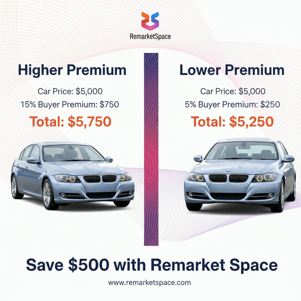 A graphic illustrating the cost savings on a $5,000 car with a 15% buyer premium vs. a 5% buyer premium. Could show two cars with their final prices after premiums.