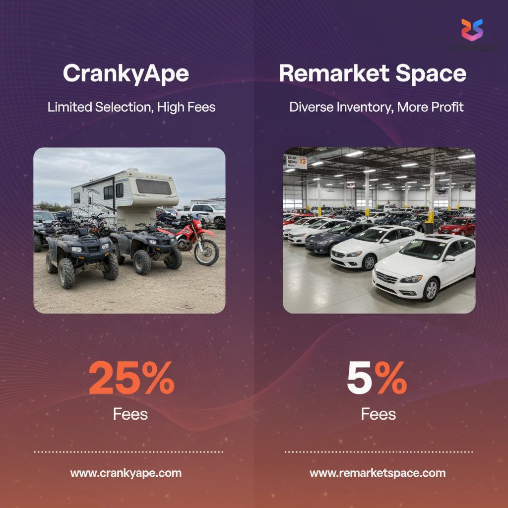A side-by-side comparison of two auction platforms, CrankyApe and Remarket Space. CrankyApe is depicted with a limited selection of recreational vehicles, powersports, and motorcycles, perhaps in a dusty or less organized setting, with a higher percentage sign for fees. Remarket Space shows a diverse and abundant inventory of cars, trucks, and SUVs in a modern, streamlined setting, with a lower percentage sign for fees, symbolizing greater profit margins.