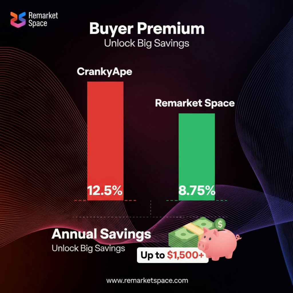 An infographic or bar chart visually representing the difference in buyer premiums between CrankyApe and Remarket Space. One bar, labeled 'CrankyApe', is significantly taller and red, indicating larger fees (e.g., 12.5%). The other bar, labeled 'Remarket Space', is shorter and green, representing lower fees (e.g., 8.75%). Below this, show a visual representation of annual savings, perhaps a stack of money or a growing savings account.