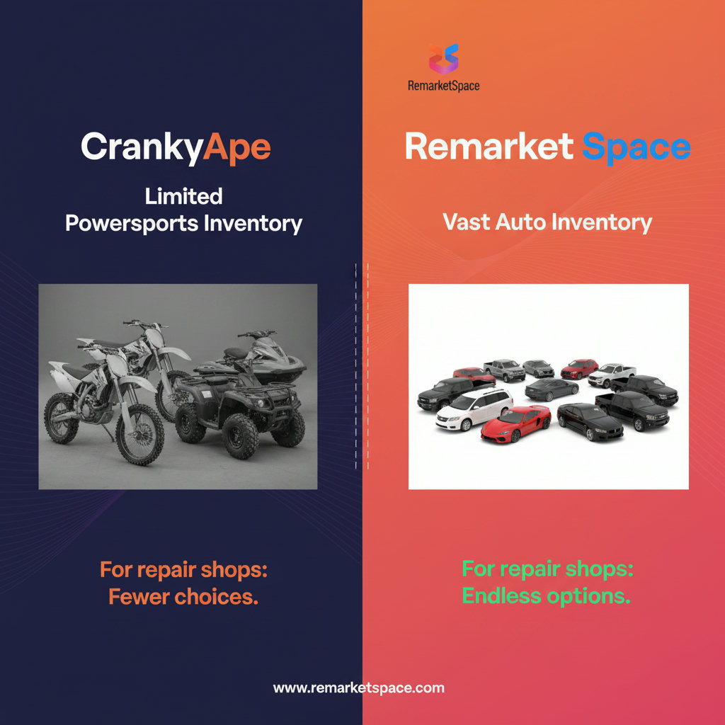 A split image or infographic showing the contrasting inventory scope of the two platforms. On one side, 'CrankyApe' is depicted with a small, limited selection of powersports vehicles. On the other side, 'Remarket Space' features a vast and diverse array of traditional cars, trucks, and SUVs, highlighting the breadth of choice for auto repair shops.