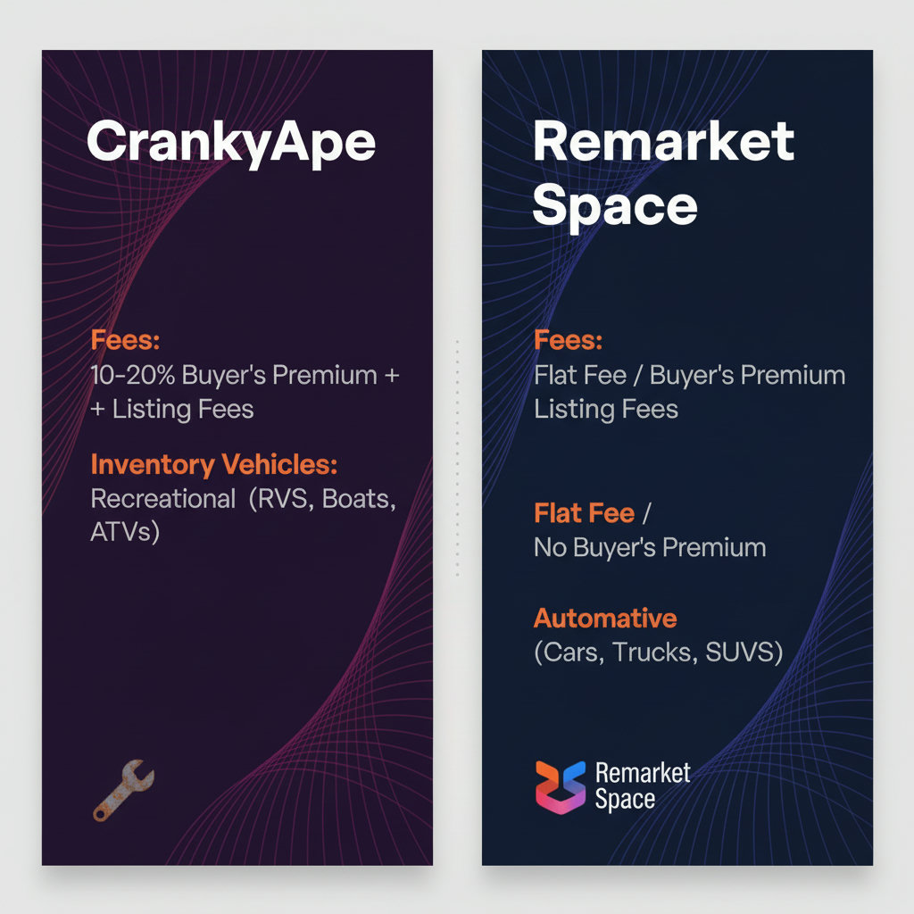 A visual comparison of two auction platforms, CrankyApe and Remarket Space, highlighting their differences in fees and inventory focus (recreational vs. automotive). This could be a split screen or a 'versus' graphic.