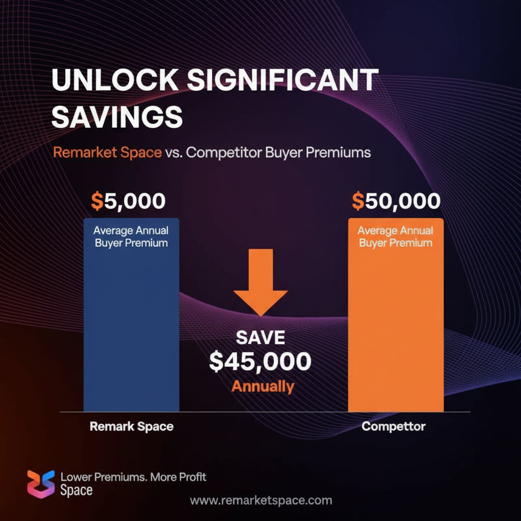 An infographic or chart demonstrating the significant cost savings ($45,000 annually) when using Remarket Space due to lower buyer premiums compared to a competitor. Focus on numerical impact.