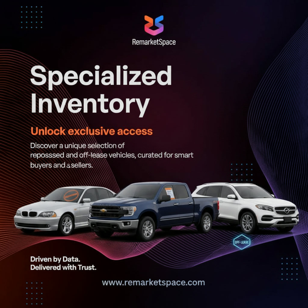 An image representing the specialized inventory of Remarket Space: repossessed and off-lease vehicles. This could show a variety of cars (sedans, trucks, SUVs) with subtle indicators of their origin (e.g., a 'repossessed' stamp or an expiring lease document).