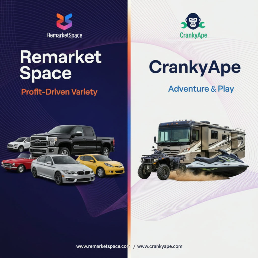 A side-by-side comparison illustrating a diverse range of cars, trucks, and SUVs representing Remarket Space, contrasted with motorcycles, ATVs, and RVs representing CrankyApe. The Remarket Space side should convey variety and volume suitable for profit.
