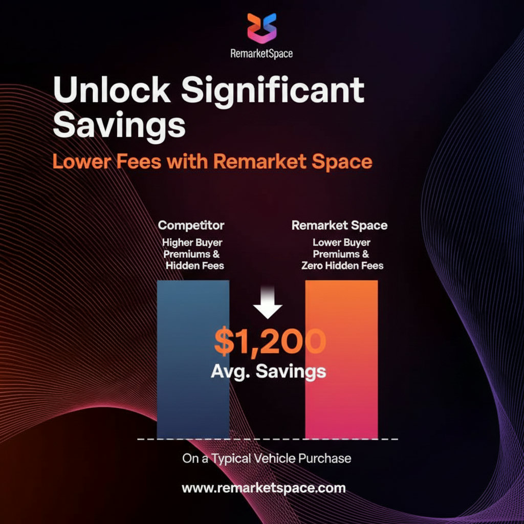 A visual representation of money saving, with a graph or infographic showing Remarket Space having lower buyer premiums and fewer hidden fees compared to a competitor. Emphasize the dollar amount saved on a typical vehicle.