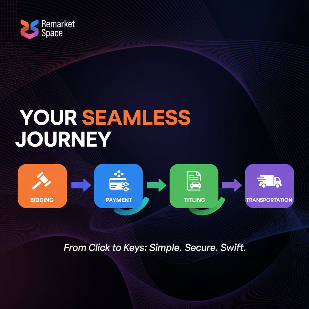 An image depicting a streamlined and efficient process, possibly with a flow chart or a series of icons, representing the ease of transaction from bidding to titling and transportation on Remarket Space.