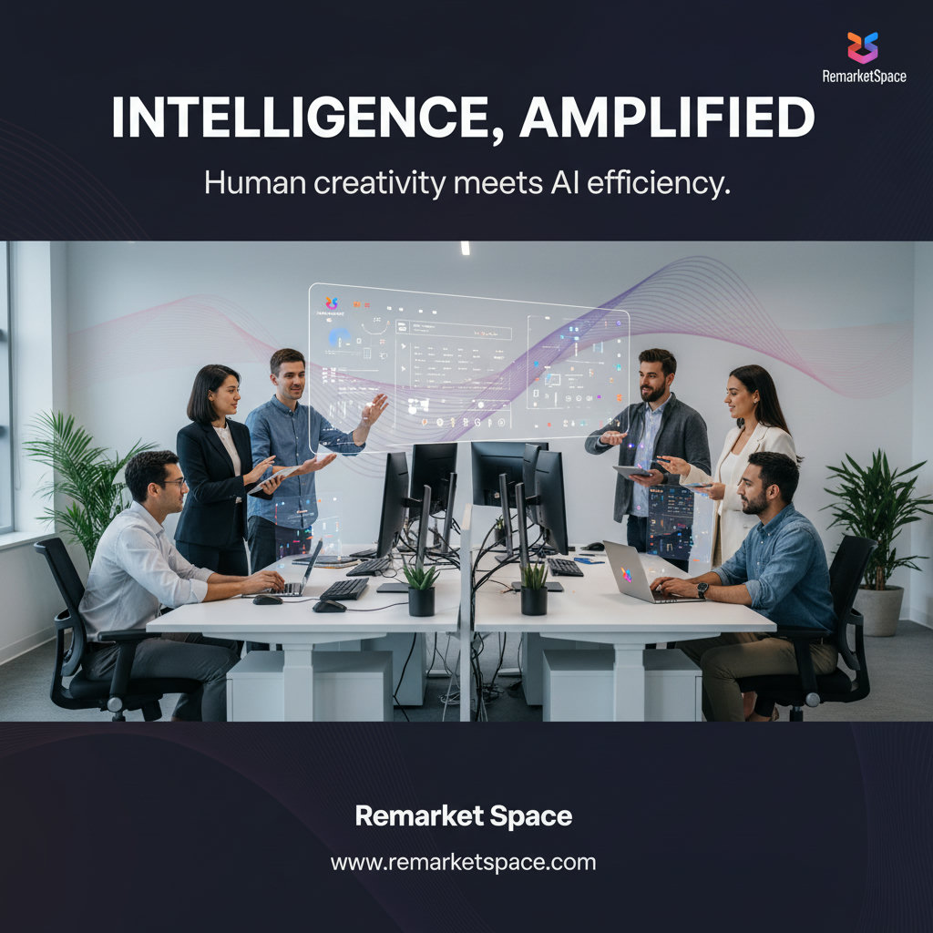 A diverse group of professionals working collaboratively in a modern office setting. Some individuals are interacting with AI interfaces on screens, while others are engaged in discussions, symbolizing the integration of human and artificial intelligence.