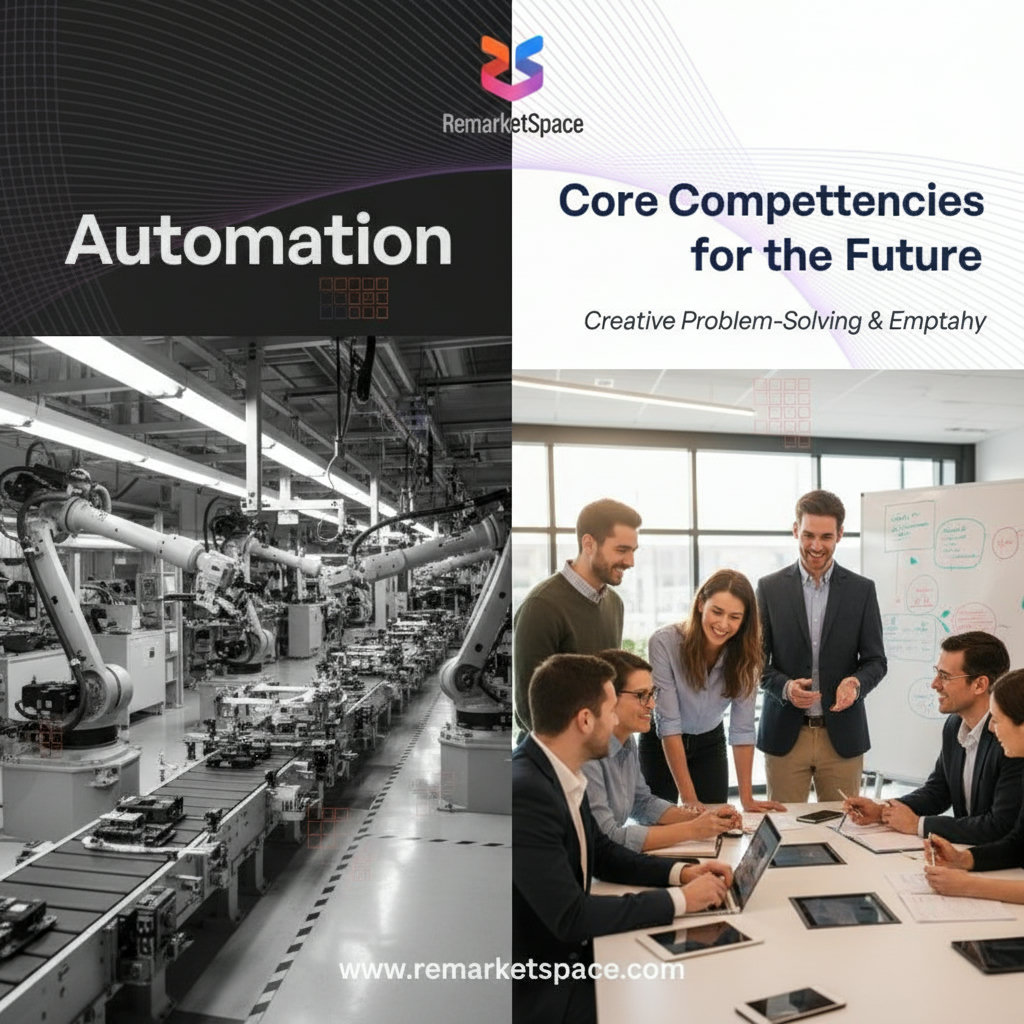 A split image. One side shows robots or automated systems performing repetitive tasks on an assembly line or data entry, representing 'Automation.' The other side depicts people engaged in creative problem-solving, strategic planning, or empathetic customer interaction, representing 'Core Competencies for the Future.'
